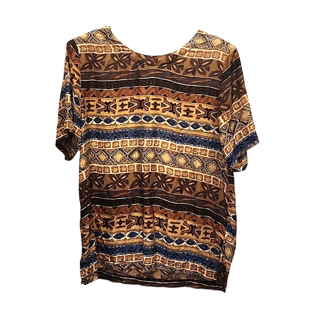 ⭐STUNT collection vintage 100%silk brown/ cream/ blues tribal printed top size S